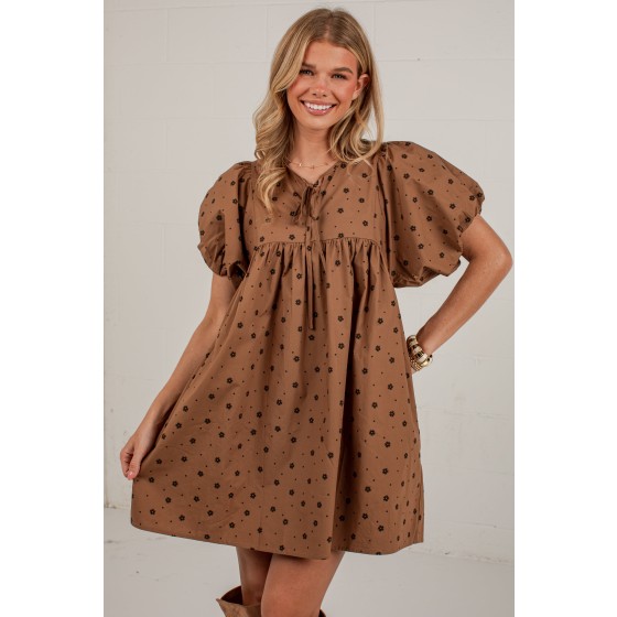 Chasing Autumn Brown Floral Puff Sleeve Mini Dress