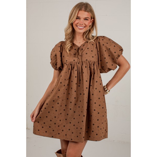 Chasing Autumn Brown Floral Puff Sleeve Mini Dress