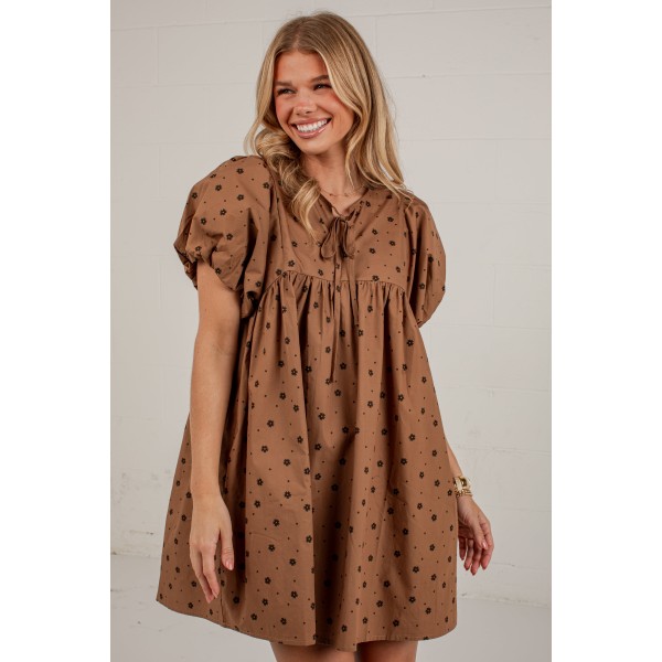 Chasing Autumn Brown Floral Puff Sleeve Mini Dress
