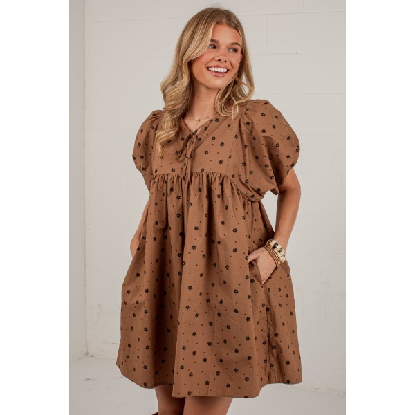 Chasing Autumn Brown Floral Puff Sleeve Mini Dress
