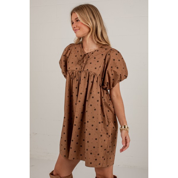 Chasing Autumn Brown Floral Puff Sleeve Mini Dress