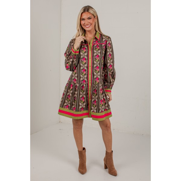 A Painted Garden Floral Brown Collared Mini Dress