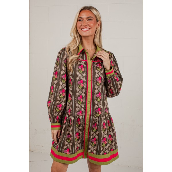 A Painted Garden Floral Brown Collared Mini Dress