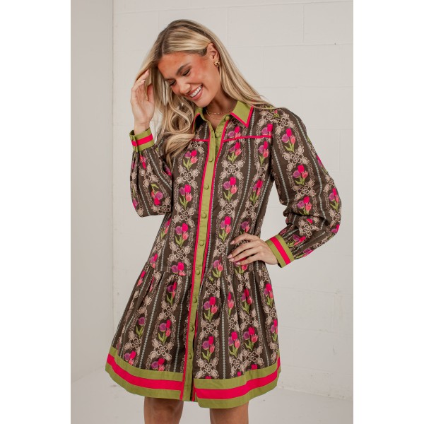 A Painted Garden Floral Brown Collared Mini Dress