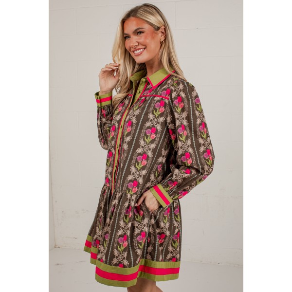 A Painted Garden Floral Brown Collared Mini Dress
