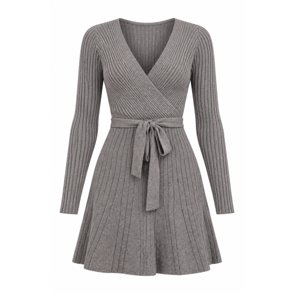 Chic By Choice Grey Ribbed Wrap Knit Mini Dress