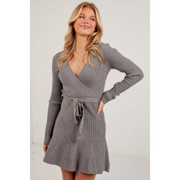 Chic By Choice Grey Ribbed Wrap Knit Mini Dress