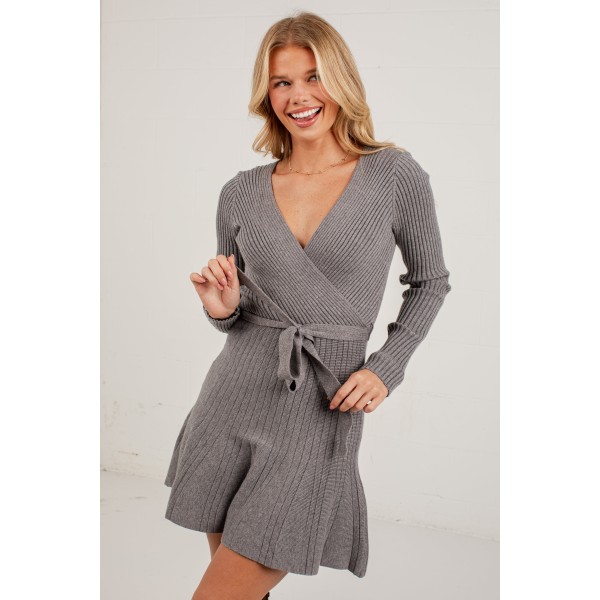 Chic By Choice Grey Ribbed Wrap Knit Mini Dress