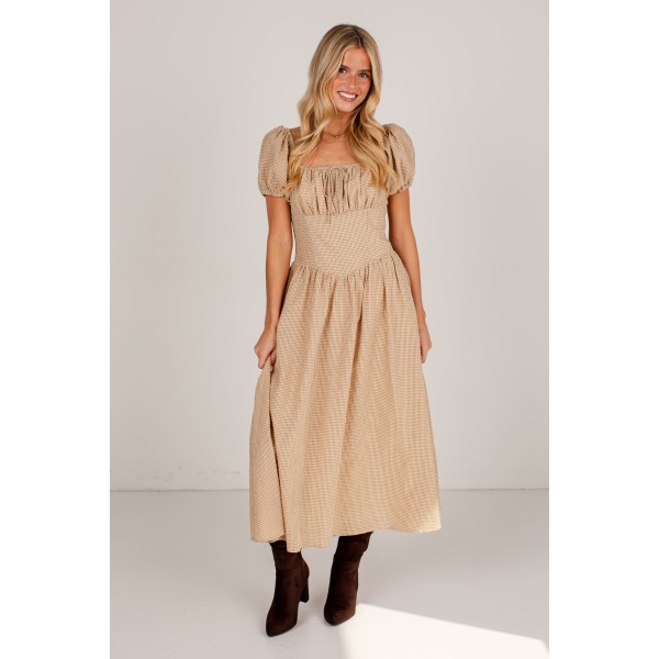 Countryside Letters Taupe Plaid Puff Sleeve Midi Dress
