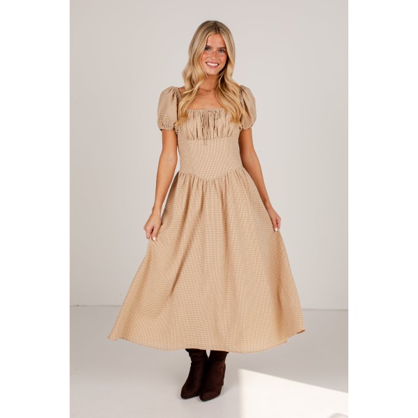 Countryside Letters Taupe Plaid Puff Sleeve Midi Dress
