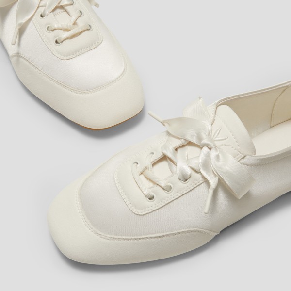 Square-Toe Lace-Up Satin Sneakerina (Cristina) - Light Gold