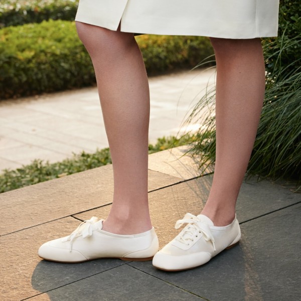 Square-Toe Lace-Up Satin Sneakerina (Cristina) - Light Gold