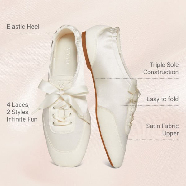 Square-Toe Lace-Up Satin Sneakerina (Cristina) - Light Gold