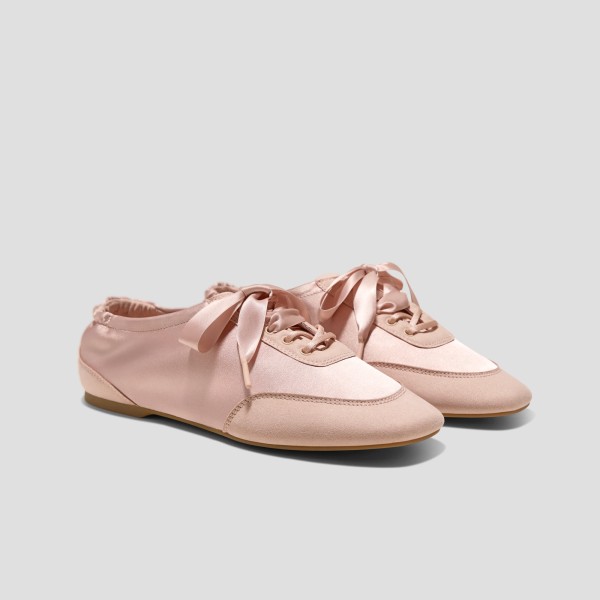 Square-Toe Lace-Up Satin Sneakerina (Cristina) - Peach Blush