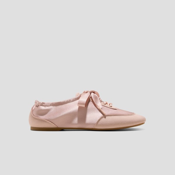 Square-Toe Lace-Up Satin Sneakerina (Cristina) - Peach Blush
