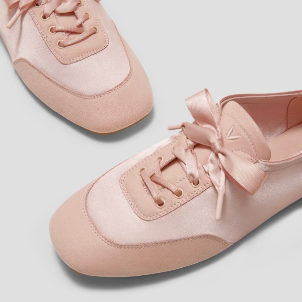 Square-Toe Lace-Up Satin Sneakerina (Cristina) - Peach Blush
