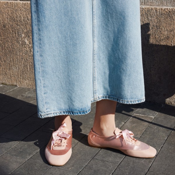 Square-Toe Lace-Up Satin Sneakerina (Cristina) - Peach Blush