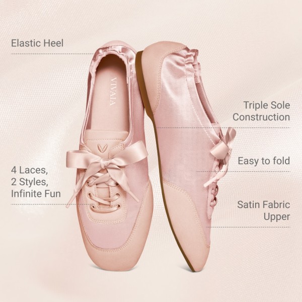 Square-Toe Lace-Up Satin Sneakerina (Cristina) - Peach Blush