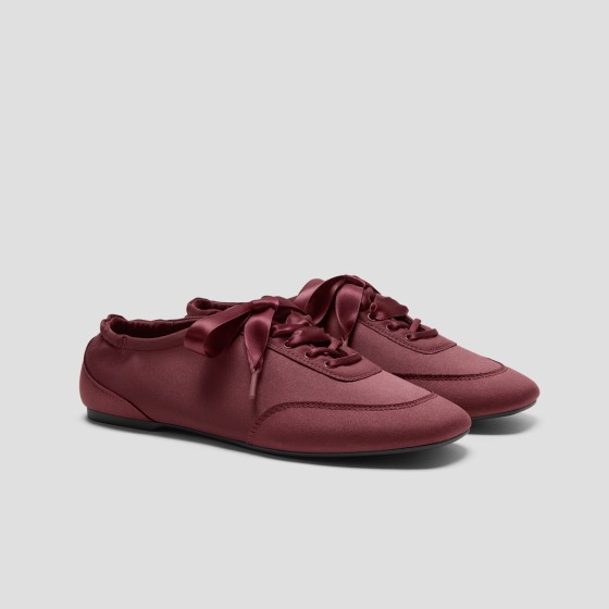 Square-Toe Lace-Up Satin Sneakerina (Cristina) - Burgundy
