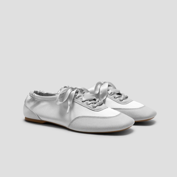 Square-Toe Lace-Up Satin Sneakerina (Cristina) - Grey Silver