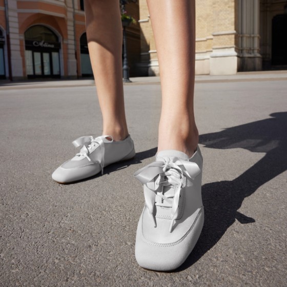 Square-Toe Lace-Up Satin Sneakerina (Cristina) - Grey Silver