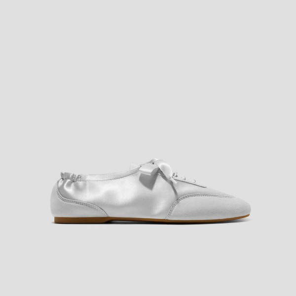 Square-Toe Lace-Up Satin Sneakerina (Cristina) - Grey Silver