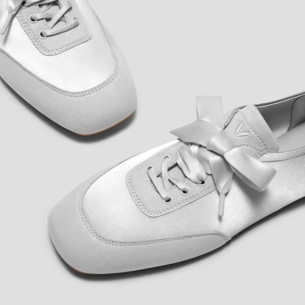 Square-Toe Lace-Up Satin Sneakerina (Cristina) - Grey Silver