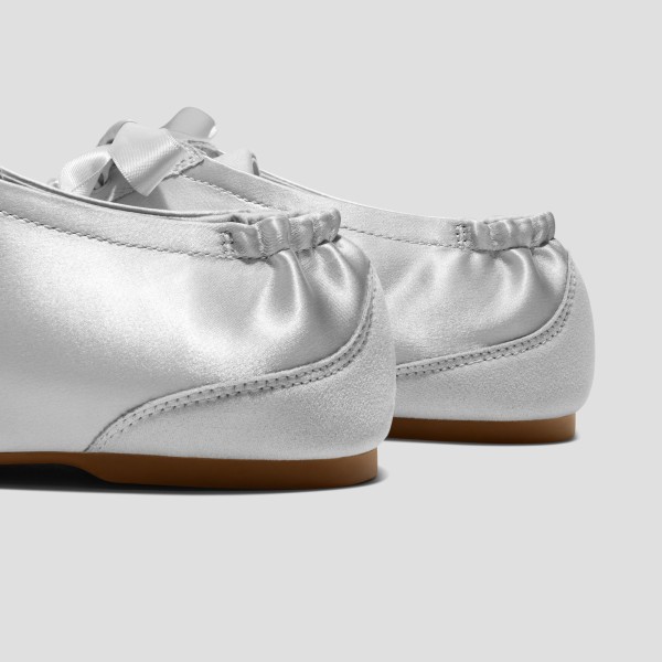 Square-Toe Lace-Up Satin Sneakerina (Cristina) - Grey Silver