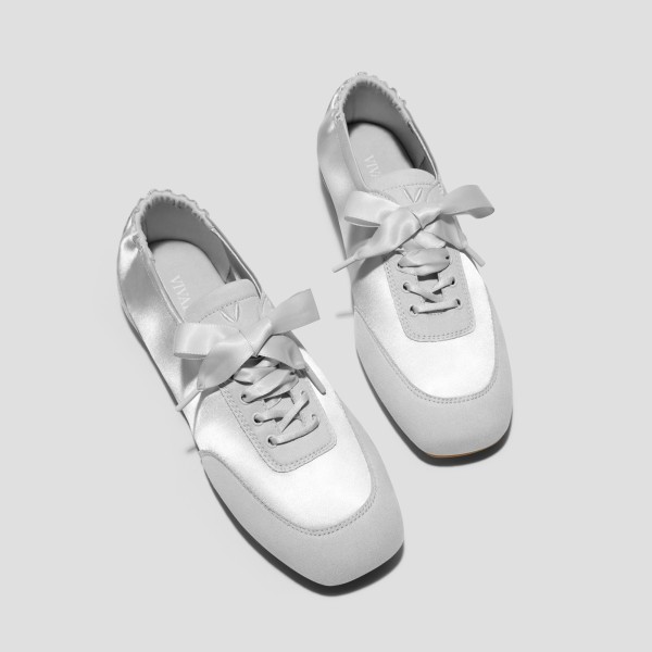 Square-Toe Lace-Up Satin Sneakerina (Cristina) - Grey Silver