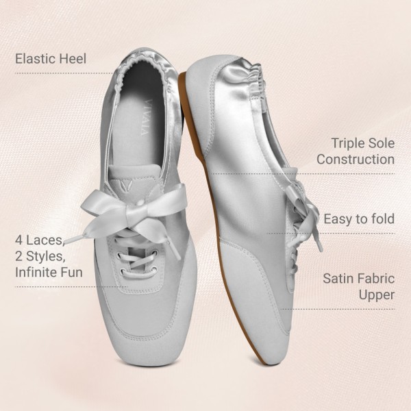 Square-Toe Lace-Up Satin Sneakerina (Cristina) - Grey Silver