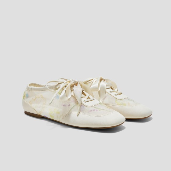 Healing Garden Square-Toe Lace-Up Sneakerinas (Cristina) - Cream-French Floral Print