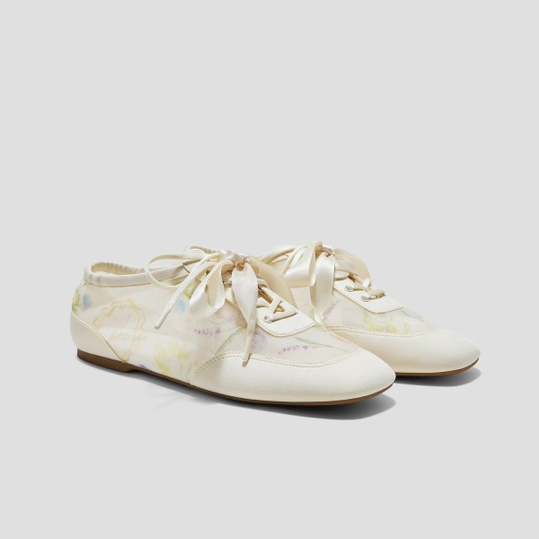 Healing Garden Square-Toe Lace-Up Sneakerinas (Cristina) - Cream-French Floral Print