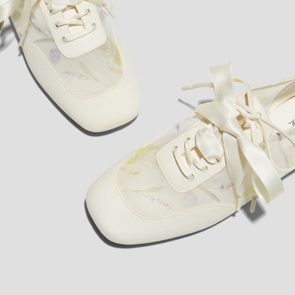 Healing Garden Square-Toe Lace-Up Sneakerinas (Cristina) - Cream-French Floral Print