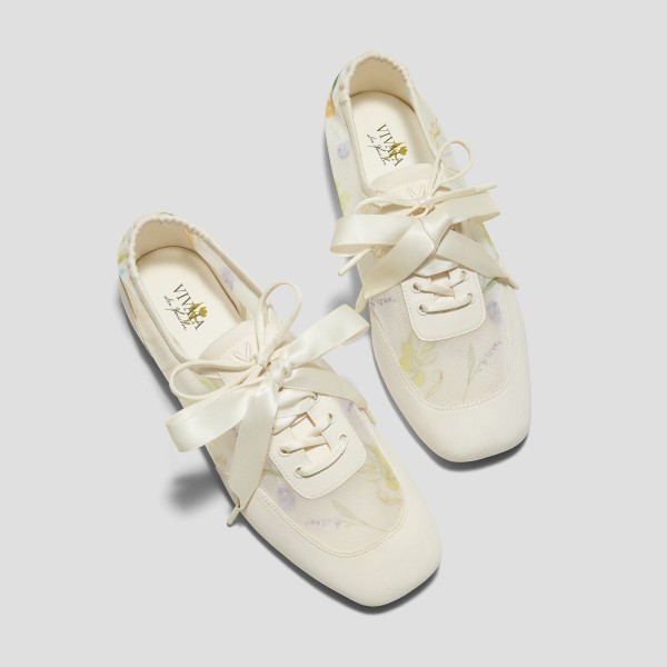 Healing Garden Square-Toe Lace-Up Sneakerinas (Cristina) - Cream-French Floral Print