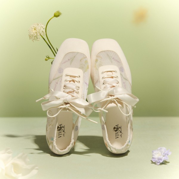 Healing Garden Square-Toe Lace-Up Sneakerinas (Cristina) - Cream-French Floral Print