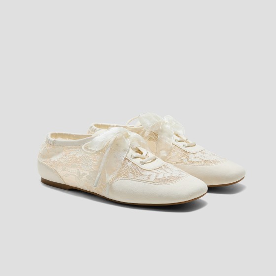 Square-Toe Lace-Up Sneakerinas (Cristina) - Cream Lace